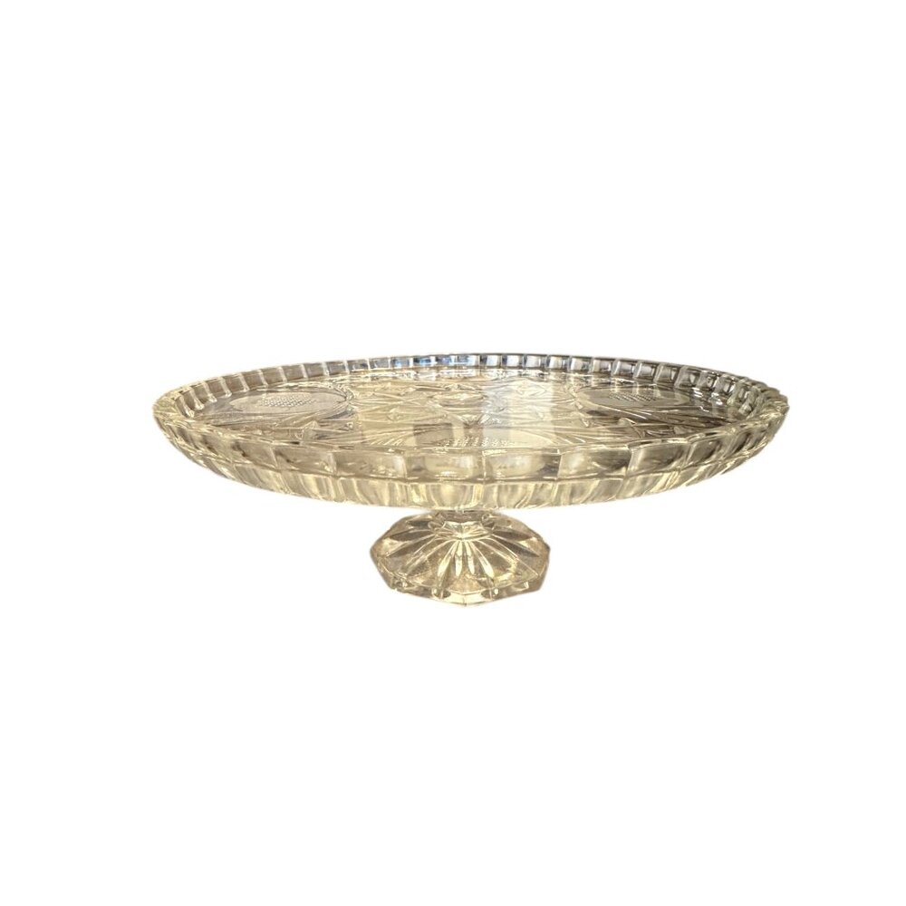 Vintage Cut Glass Cake Stand With Floral & Starburst Design - Picture 2 of 7
